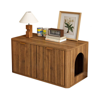 Large Walnut Cat Litter Box Enclosure Furniture with Fluted Mid Century Modern Design, Hidden Litter Cabinet End Table for Living Room Bedroom Entryway, Easy Clean Decorative Kitty Hideaway