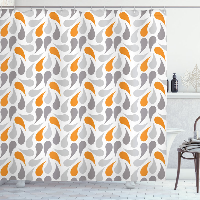 Orange Grey White Geometric Fabric Shower Curtain with Hooks