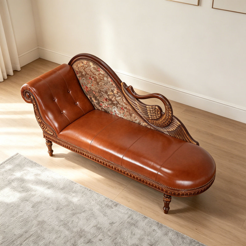 Chaise longue d'intérieur en bois massif et cuir, Orienté vers la gauche