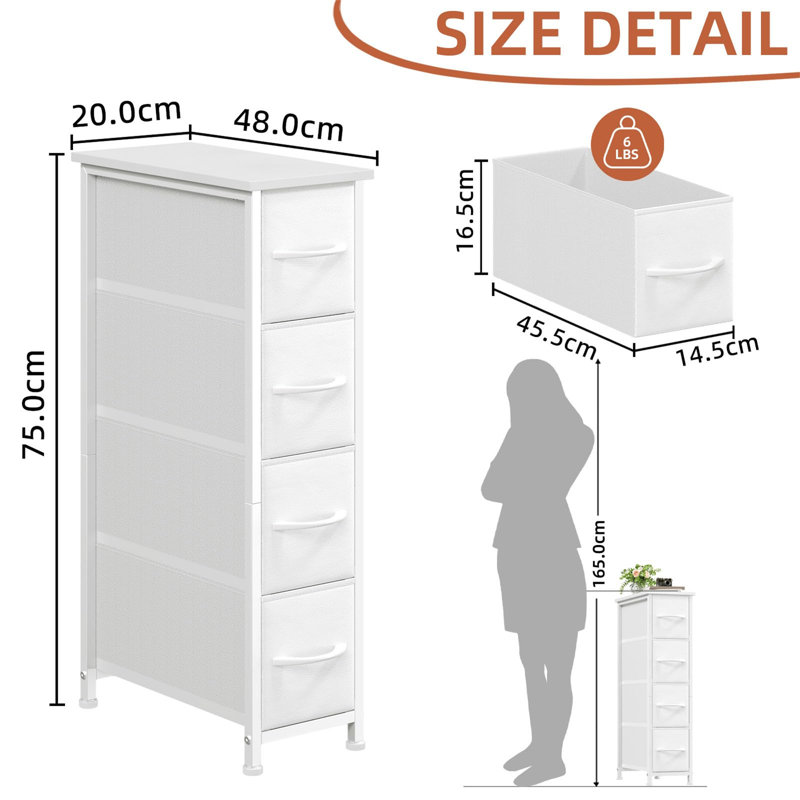 20 cm W Chest of 4 Drawers, White