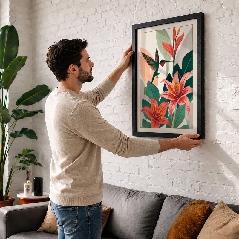 Hummingbird Among Lilies Botanical - Framed Print, Black, A4 - 29.7 x 21.0 cm
