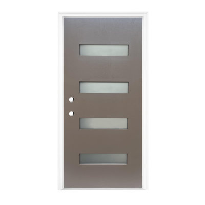 Ensemble de porte d'entrée contemporaine en fibre de verre 36 po x 80 po à 4 lumières, verre givré, à droite vers l'intérieur