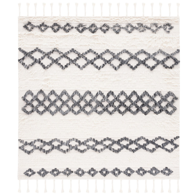 Benyam Hand Loomed Wool/Cotton Geometric Rug in Ivory/Dark Gray, Square 6'
