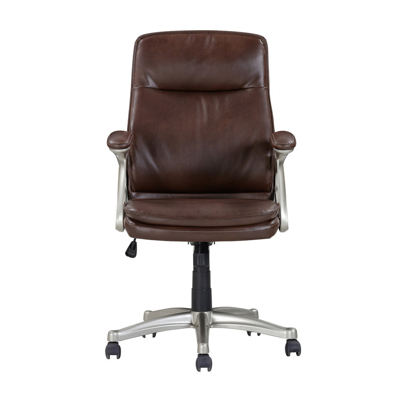 Fauteuil de bureau pivotant à dossier moyen en similicuir brun, fauteuil de conférence ergonomique brun / argent
