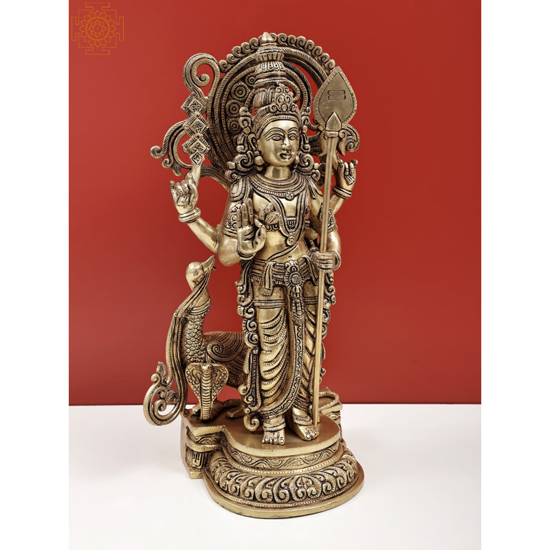Statue en laiton 20 po Karttikeya (Murugan) fabriquée à la main pour le dieu de la guerre de l'autel et la décoration spirituelle