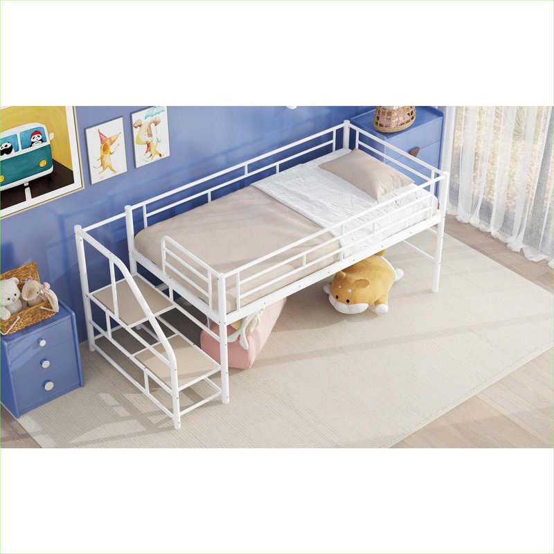 Lit plateforme en panneau de fibres à densité moyenne et métal, finition blanche, lit mezzanine simple avec rangement intégré, peu encombrant pour les chambres d'enfant