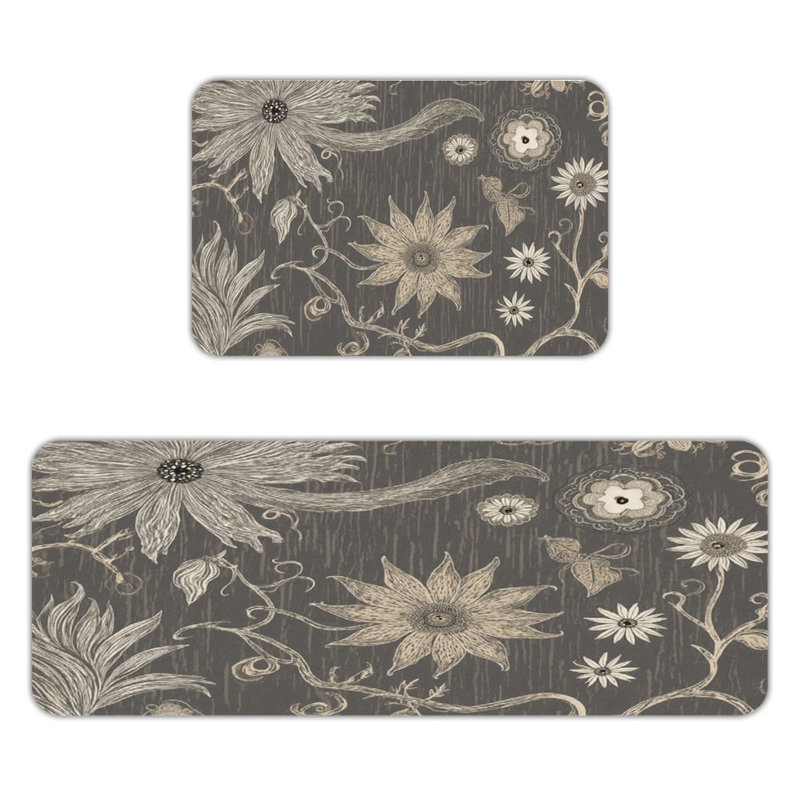 Line Art Floral Pattern, 2 Pcs Non Slip Kitchen Mats, Gray/Beige Floral