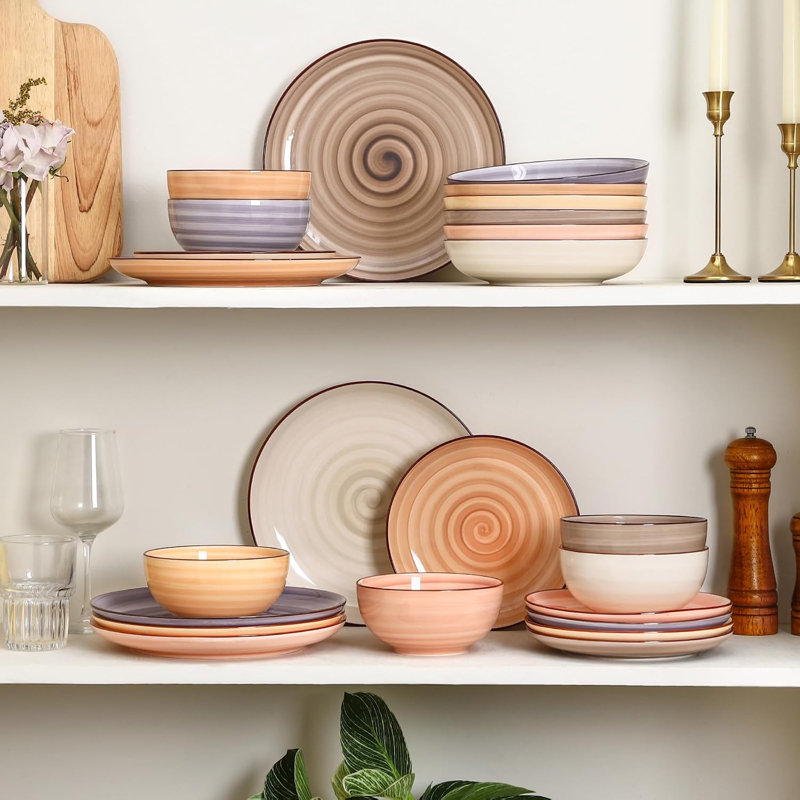 Service de table 24 pièces en céramique (assiettes et bols) pour 6 personnes, résistant aux égratignures, idéal pour les fêtes, compatible avec le lave-vaisselle et le micro-ondes, Maillard