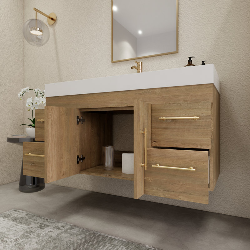 48" Wall-Mounted Single Bathroom Vanity Set, Oak