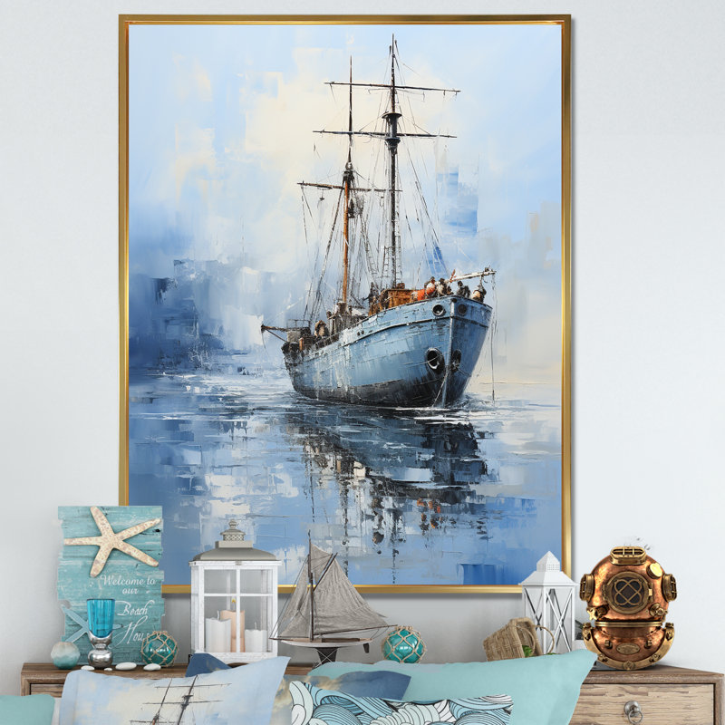 «Minimalist Blue Boat Horizong II - Coastal Minimalisme», art mural, Cadre flottant doré, H 40 po x l 30 po x P 1,5 po