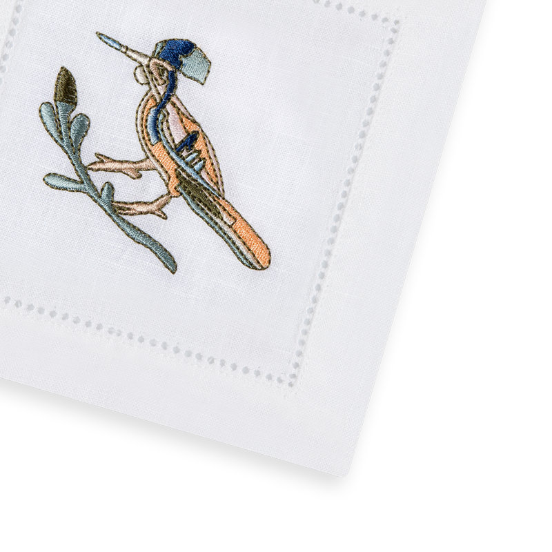 Bird Motif Embroidered Linen Cocktail Napkins
