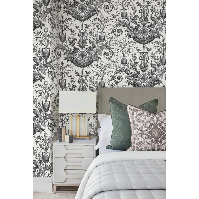 Avian Fountain Toile Wallpaper Roll, Black