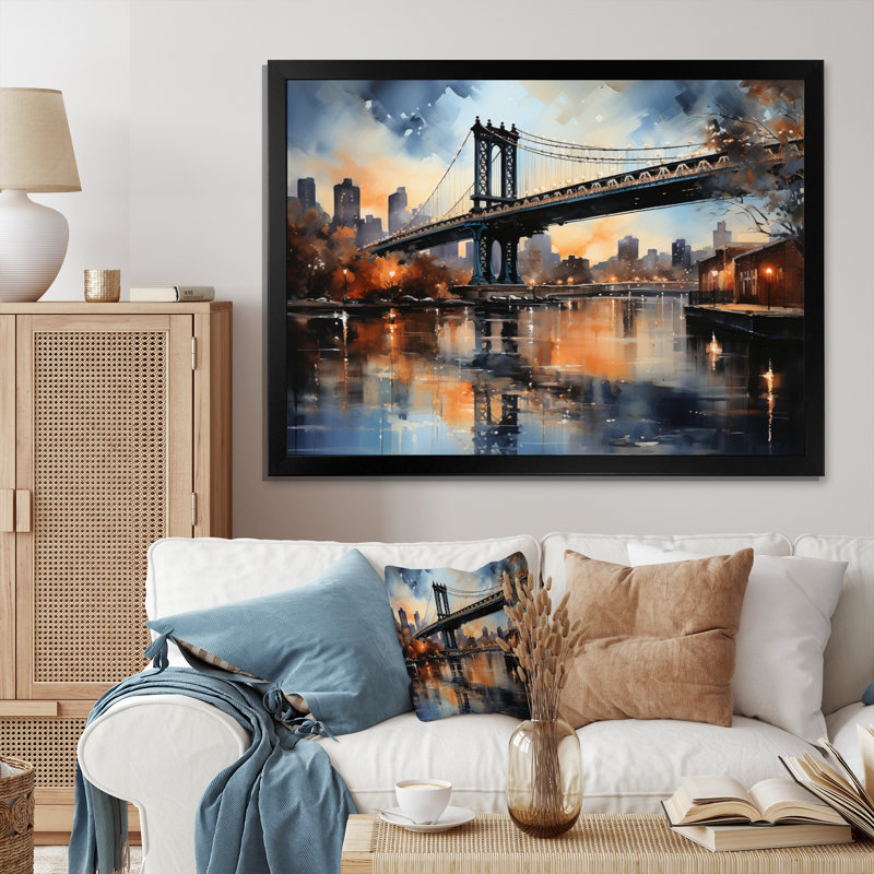 «Teal Bridge Urban Reflections Slate», reproduction sur toile, H 12 po x l 20 po x P 1 po, Cadre photo noir