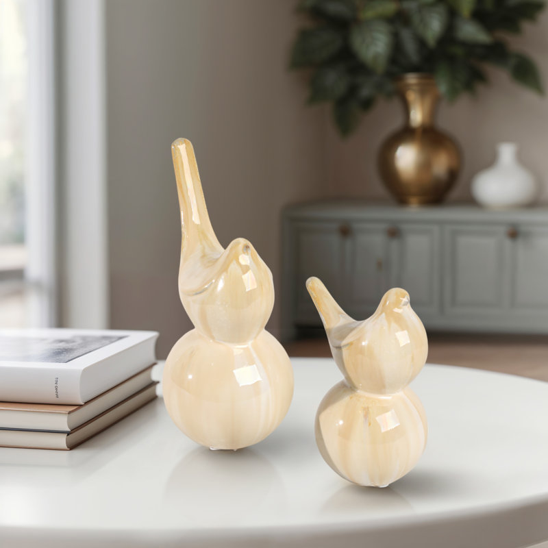 Decorative Ceramic Bird Statues for Home Decor - Modern Sculpture Accent for Desks or Living Room Decoration - Set of 2, 9", 7", Tan