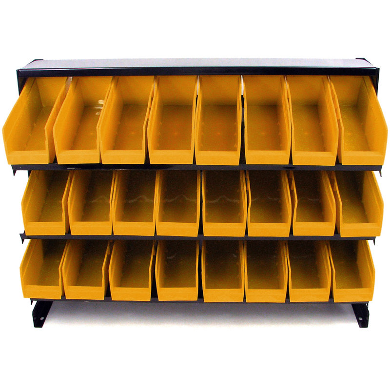 Black Steel Rack with 24 Yellow Plastic Bins