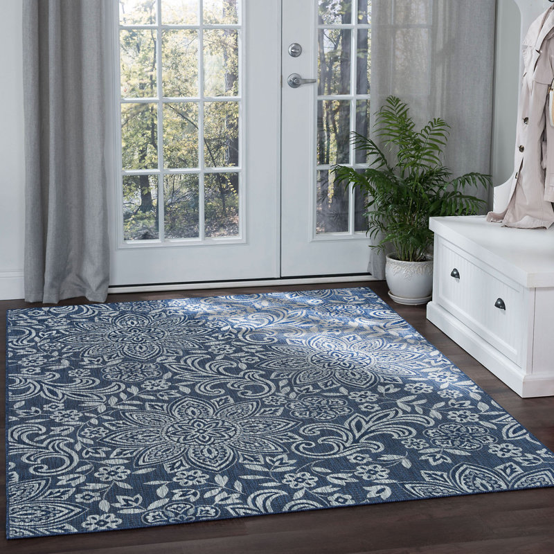 Tapis intérieur / extérieur bleu marine / gris clair Curvin, Rectangle 6 pi 7 po x 9 pi 6 po