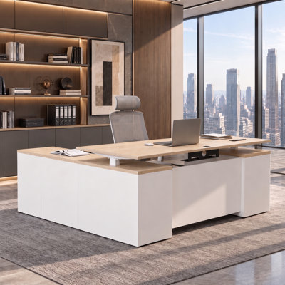 Bureau assis-debout de direction de luxe en forme de L avec caisson de rangement, réglable en hauteur électrique, avec prises électriques, ports USB, étagères de rangement et tiroir verrouillable, blanc.
