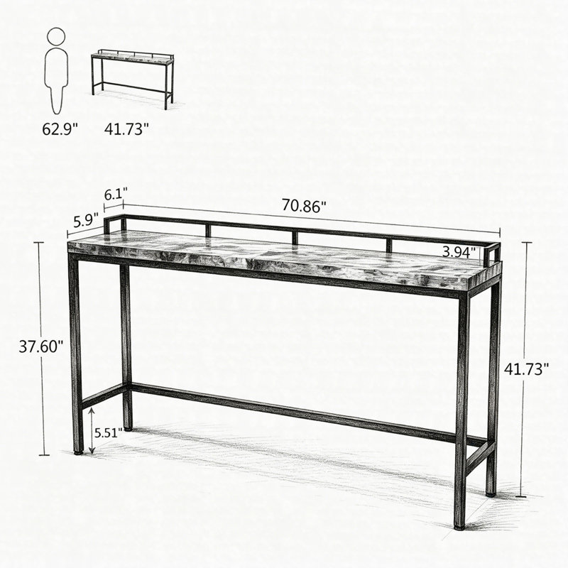 Console étroite 70,9 po, table d'appoint avec canapé rétro derrière le canapé, table de couloir d'entrée industrielle