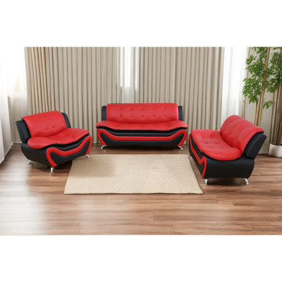 Black & Red Faux Leather 3-Piece Sofa Set with High-Density Foam and Metal Legs