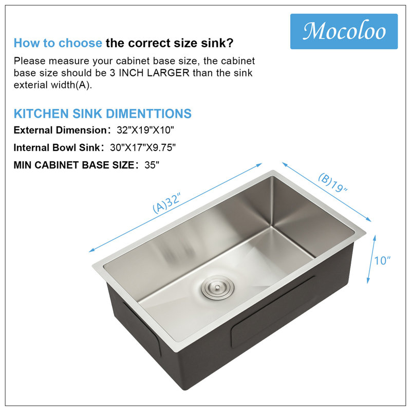 Undermount Kitchen Sink - 32"X19" Stainless Steel 16 Gauge Deep Single Bowl Sinks