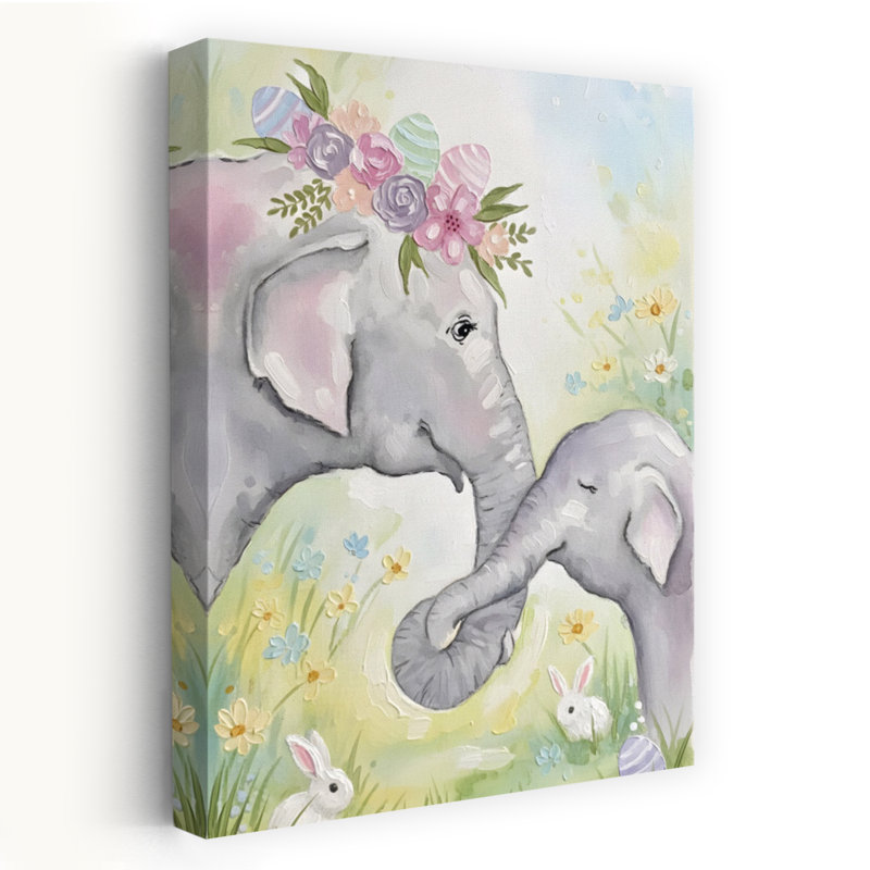 Doux éléphants de Pâques, art abstrait contemporain de paysage floral, H 24 po x l 16 po
