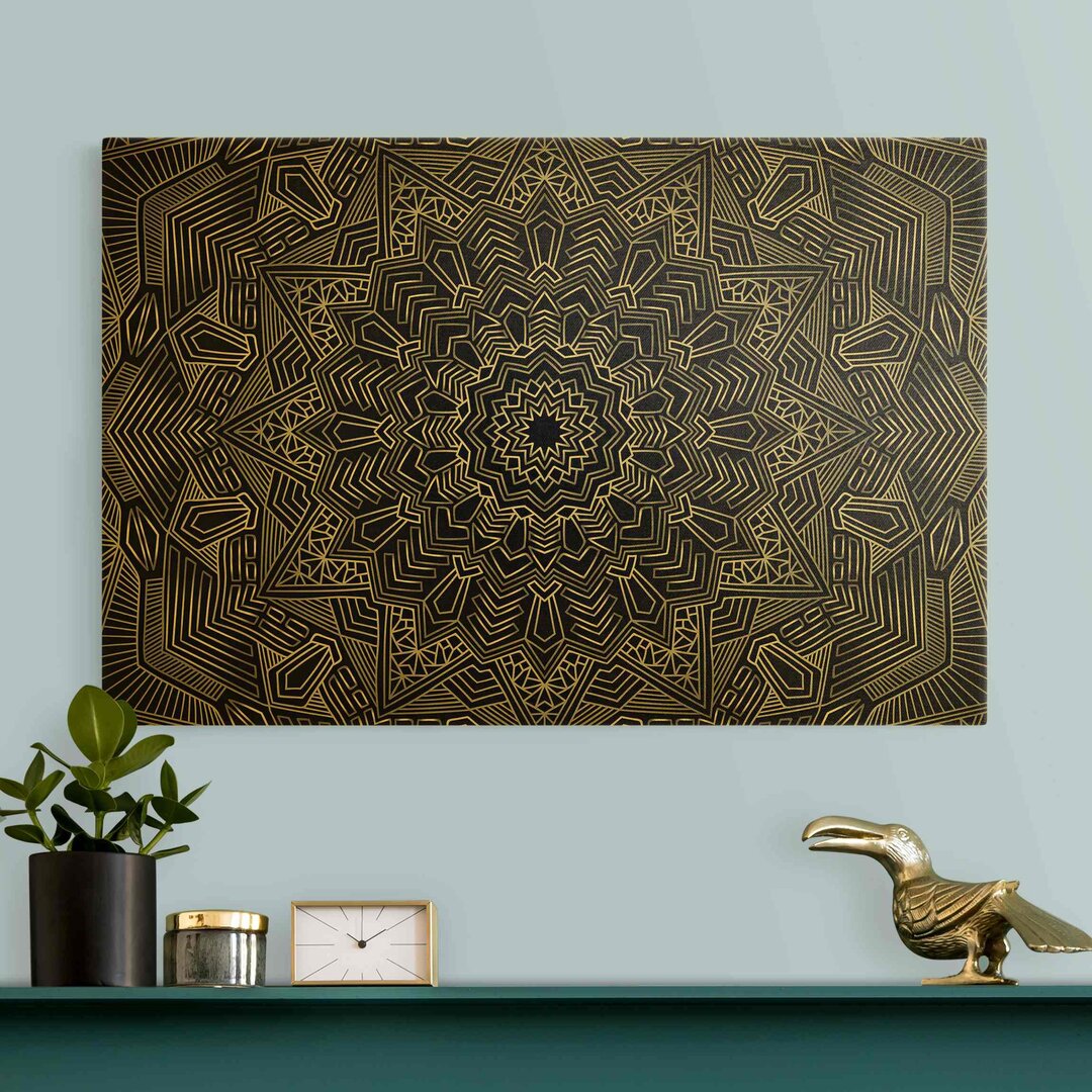 Leinwandbild Gold Mandala Sternmuster in Silber & Schwarz