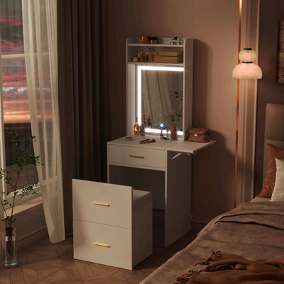 Small Vanity Desk With Mirror And Light, Dressing Table With Charging Station & Fold-Up Panel For Small Space, Compact Makeup Vanity Set With Hidden Stool For Bedroom, White