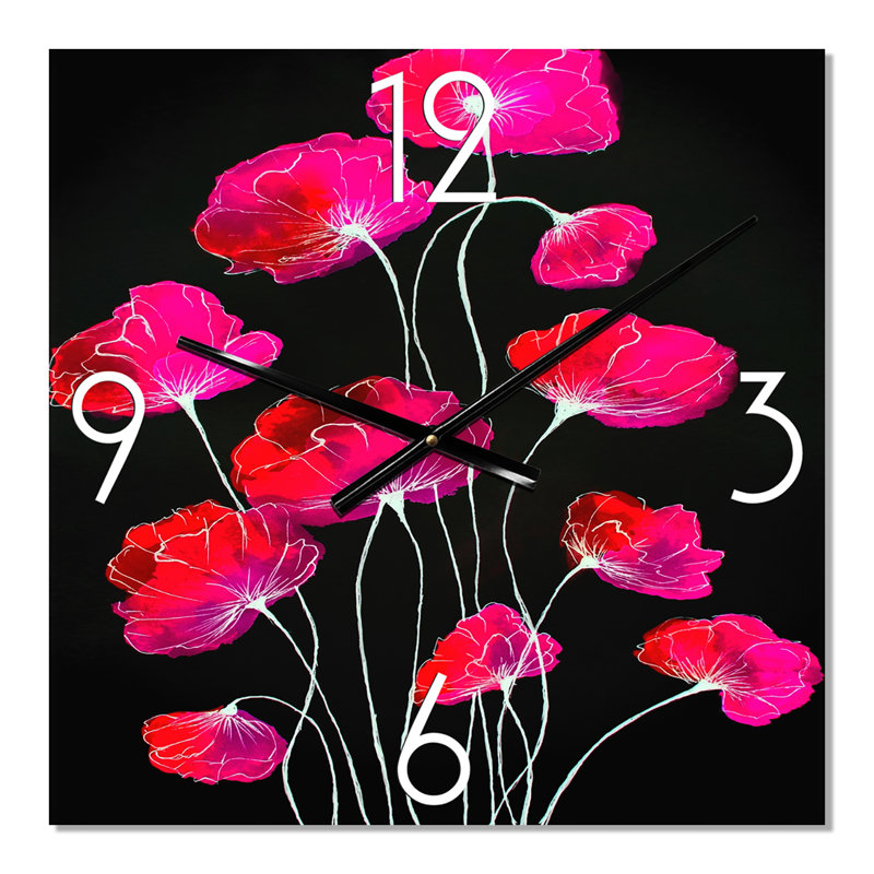 Horloge murale abstraite fleur rouge sur fond noir III, Grand