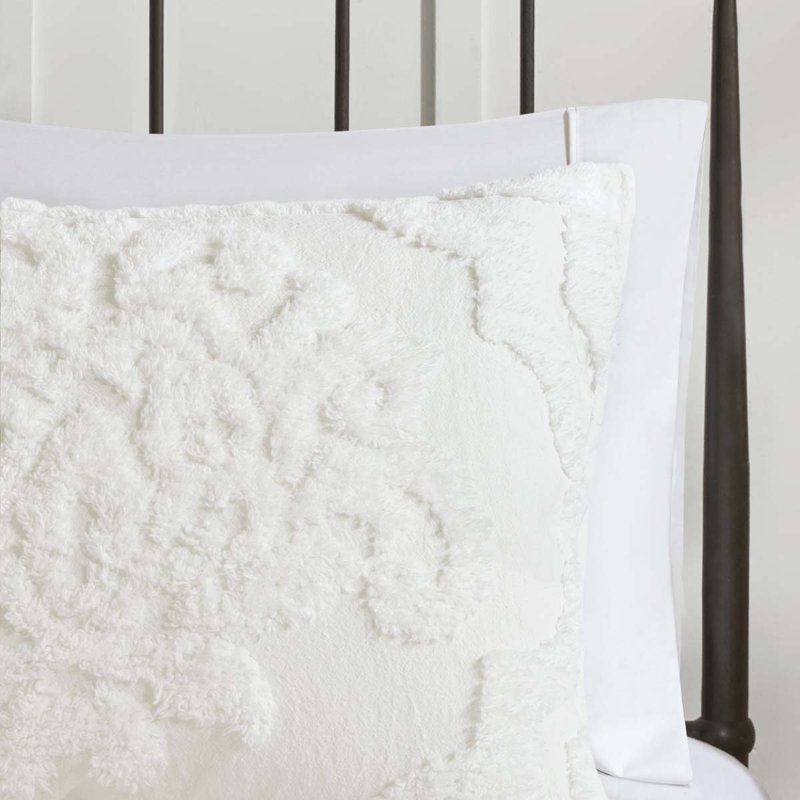 Ensemble d'édredon damassé en coton 3 pièces, Édredon très grand + 2 taies décoratives très , Blanc cassé
