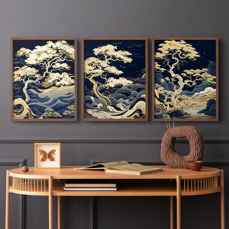 Lanscape Study Series XLI -Set de 3 estampes numériques giclées -Prêt à accrocher, Cadre noyer, H 10 po x l 8 po
