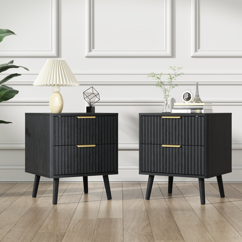 Fluted Nightstand With Curved Profile Design, 2-Drawer End Table, Bedside Table For Bedroom, Living Room, Black