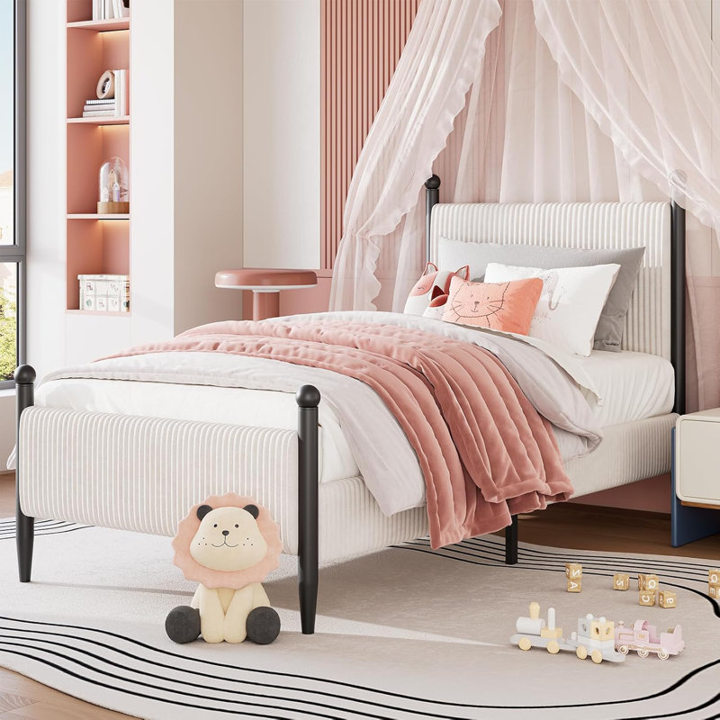 Twin Size Bed Frame with Vertical Stripes headboard Bedroom Platform Bed Vintage Metal Legs No Box Spring Needed Easy to assemble White(Bed frame only)