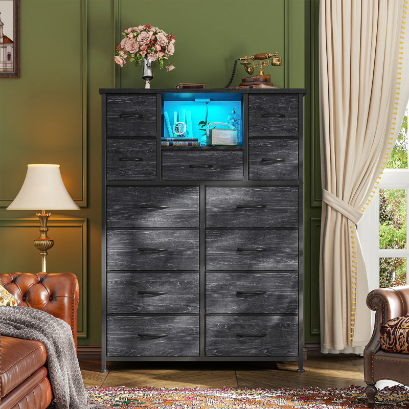 13-Drawer LED Dresser with Power Station – Tall Storage Cabinet for Bedroom/Office, Black