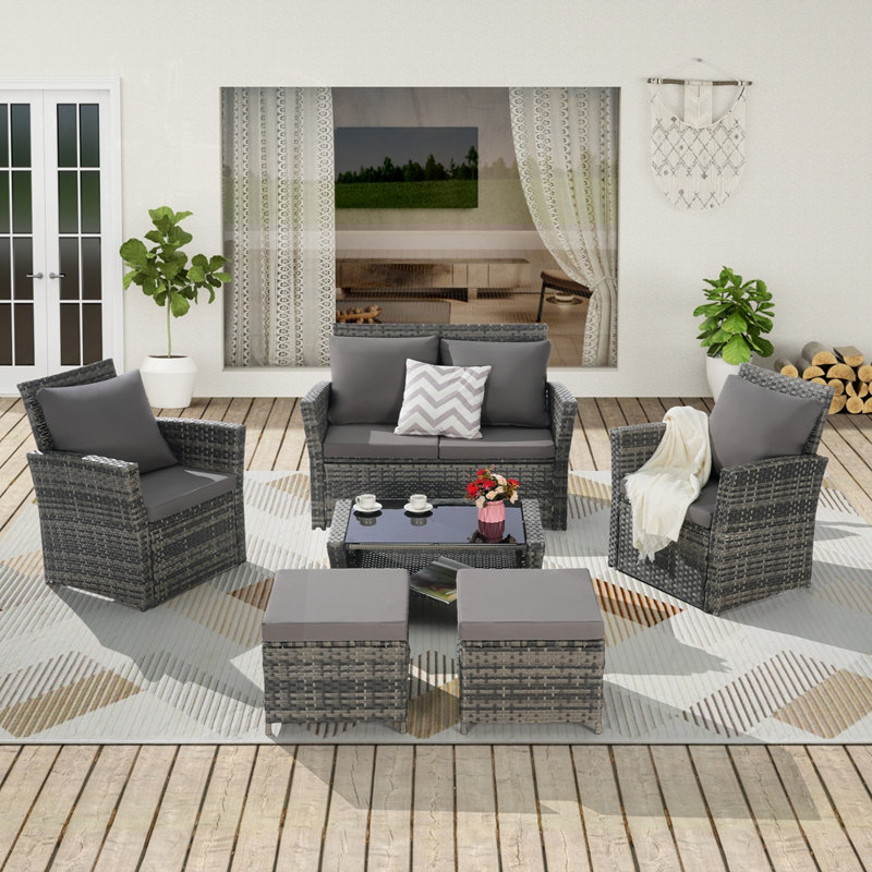 6 Piece Wicker Patio Furniture Sets with Ottoman and Tempered Glass Coffee Table, Dark Gray