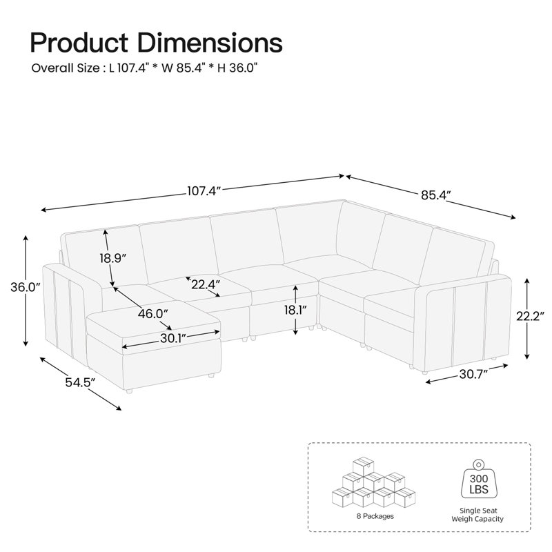 Seybert 8-Piece Chenille L Shaped Modular Corner Sofa Convertible U Shaped Living Room Couch With Storage Ottoman