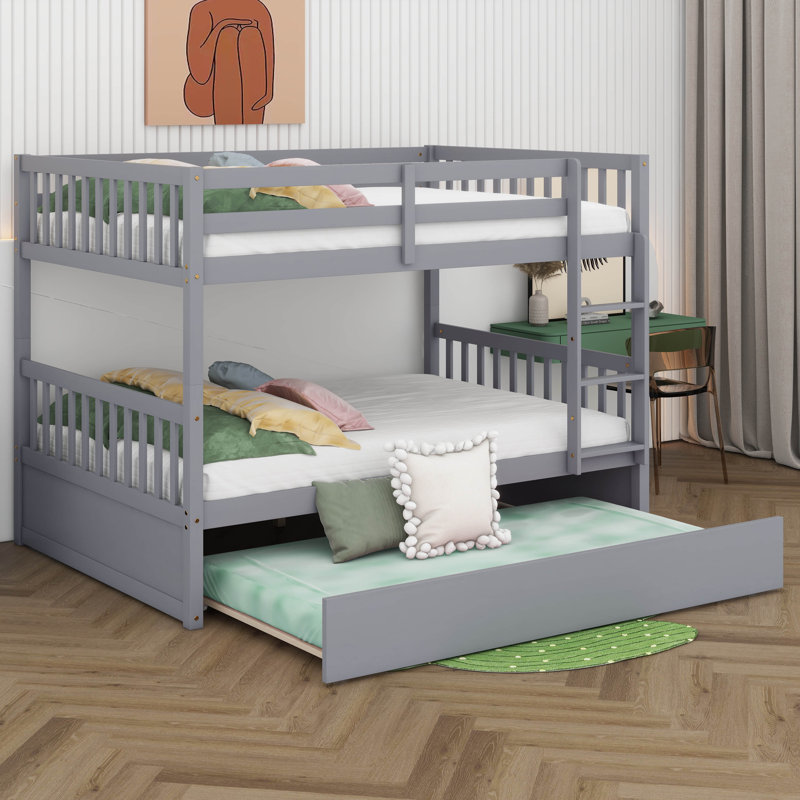Lit superposé double en bois d'hévéa double avec lit gigogne, échelle convertible et garde-corps, gris