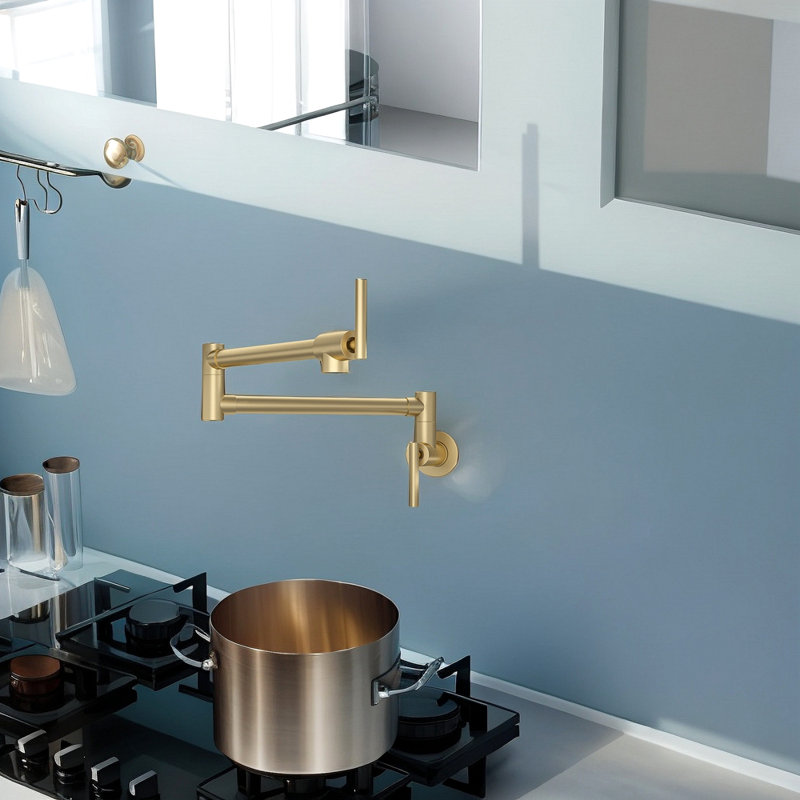 Pot Filler Faucet - Wall Mount Kitchen Sink Faucet Folding Stretchable With Single Hole Two Handles, Gold
