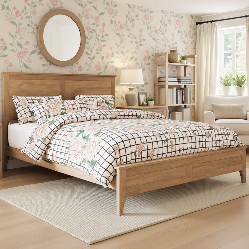 Afore Wooden Platform Bed Frame with Headboard, Solid Pine Construction, Queen, Brown