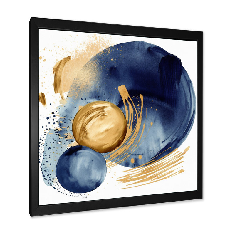 Bleu foncé et or, cercle abstrait texturé - impression, Cadre simple noir, H 36 po x l 36 po x P 1,5 po