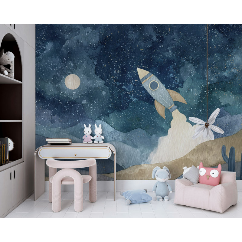 Starry Night Wallpaper Rocket Dreamy Wall Mural, Textured Non-Pasted, 160"x108"