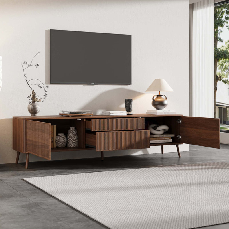 70‑Inch Fluted TV Stand for TVs up to 80", Modern Entertainment Center with Storage Drawers & Cabinets, Cable Management, Solid Wood Legs and Soft‑Close Hinges for Living Room