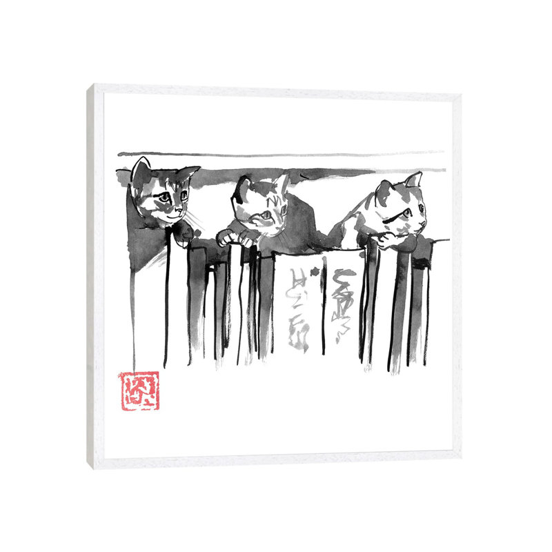 Cats In Library by Péchane - Painting on Canvas, White Framed, 93.98 cm H x 93.98 cm W