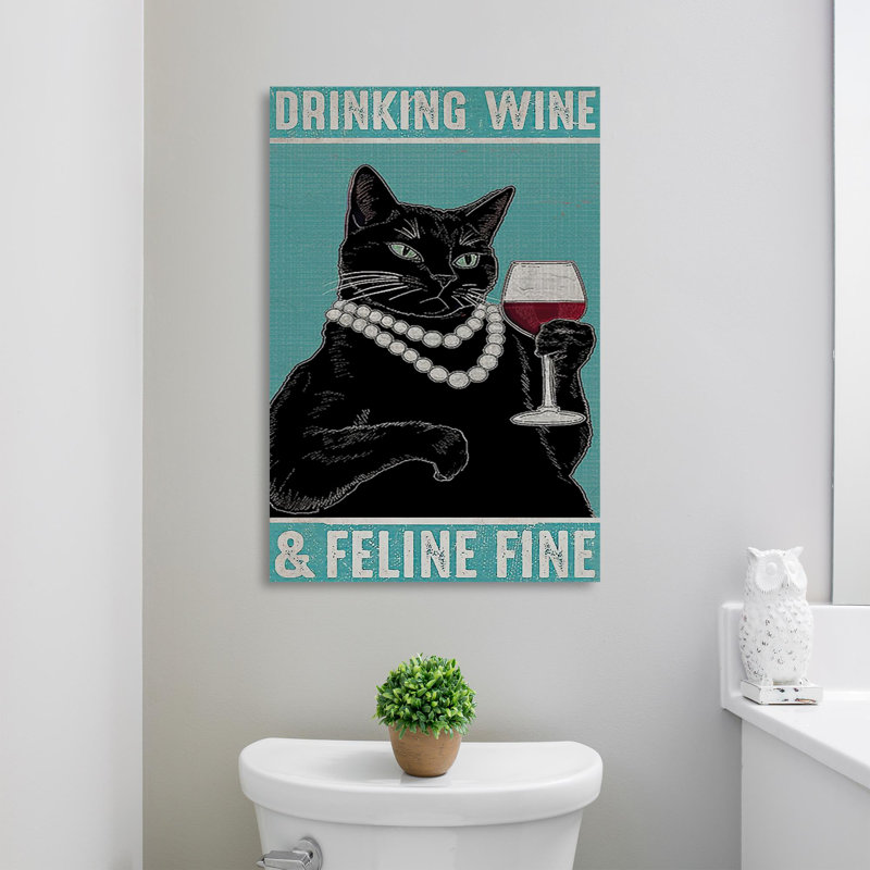«Black Cat Dr buble Wine and Feline Fine», impression sur toile tendue, L 11 po x H 14 po
