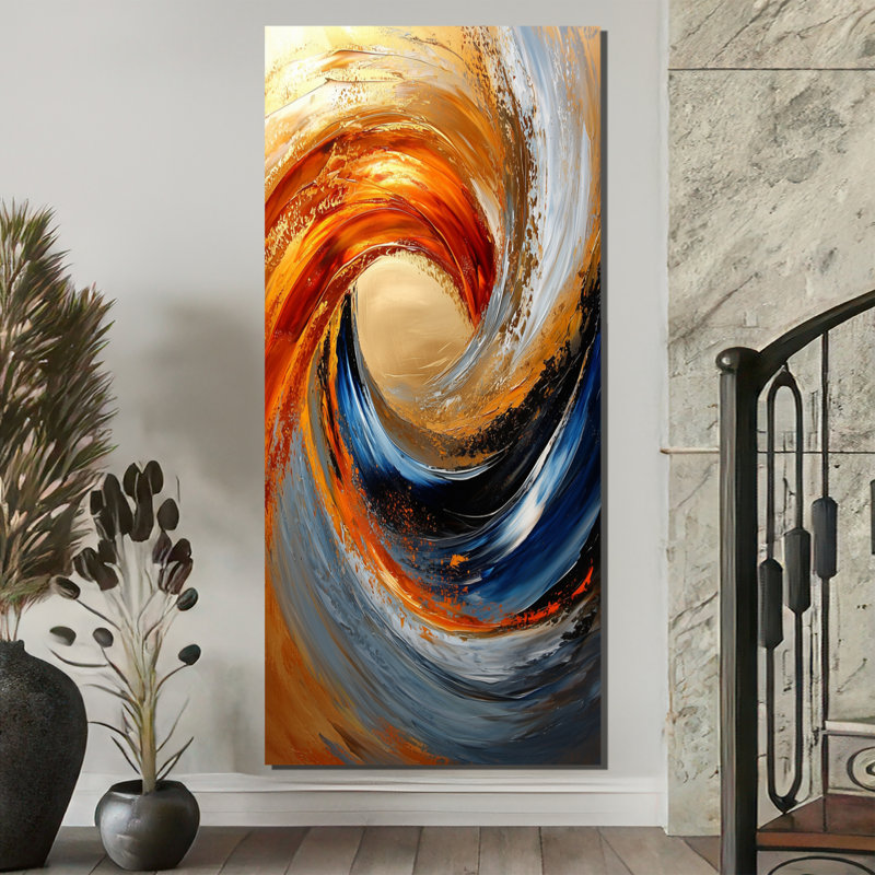 Opira Golden Rainbow, encre liquide en spirale II - art mural transitionnel, H 60 po x l 28 po, Toile tendue