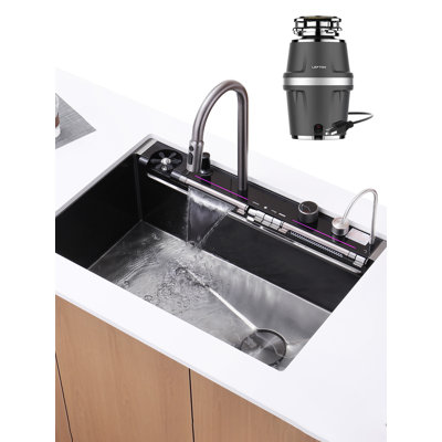 Lefton 33"x22" Single Bowl Waterfall Stainless Steel Kitchen Sink Ks2207l-pro With 3/4 Hp Continuous Feed Garbage Disposal Lgd-714