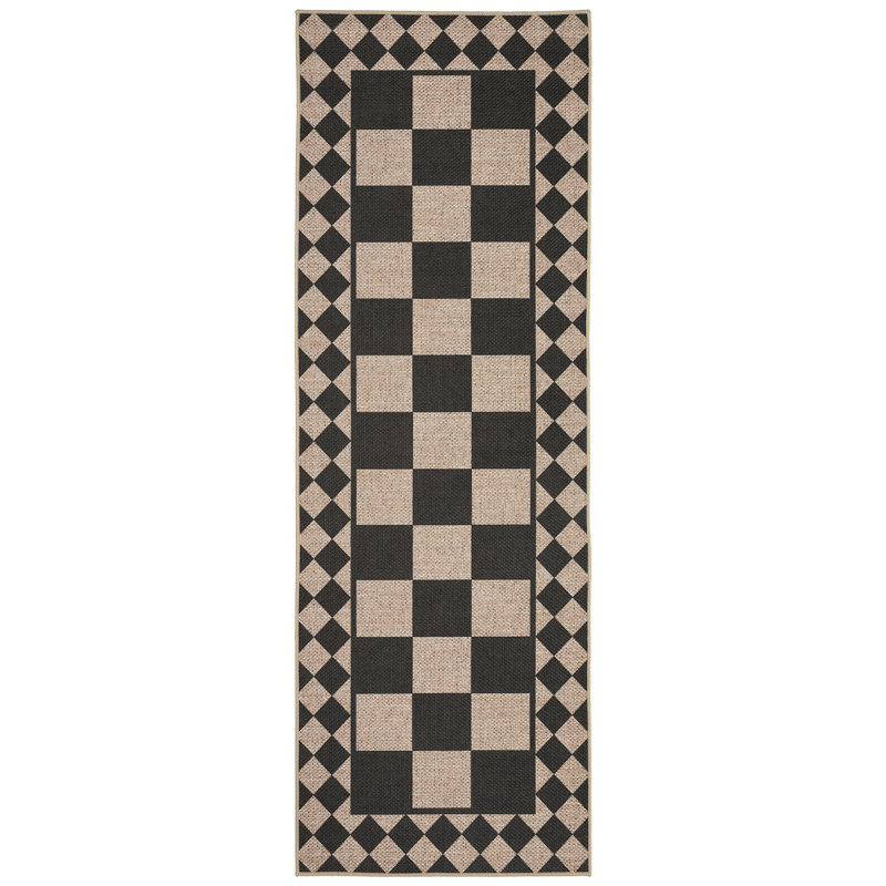 Tapis de patio imperméable à carreaux pour l'intérieur et l'extérieur, Black, Runner 2' x 6'
