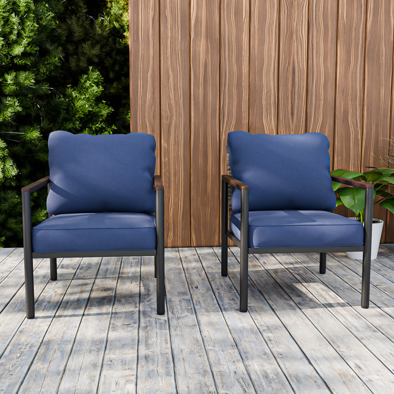 Outdoor Patio Metal Frame Wicker Backrest Wood Grain Armrest Dining Chair with Cushions (Set of 2), Blue