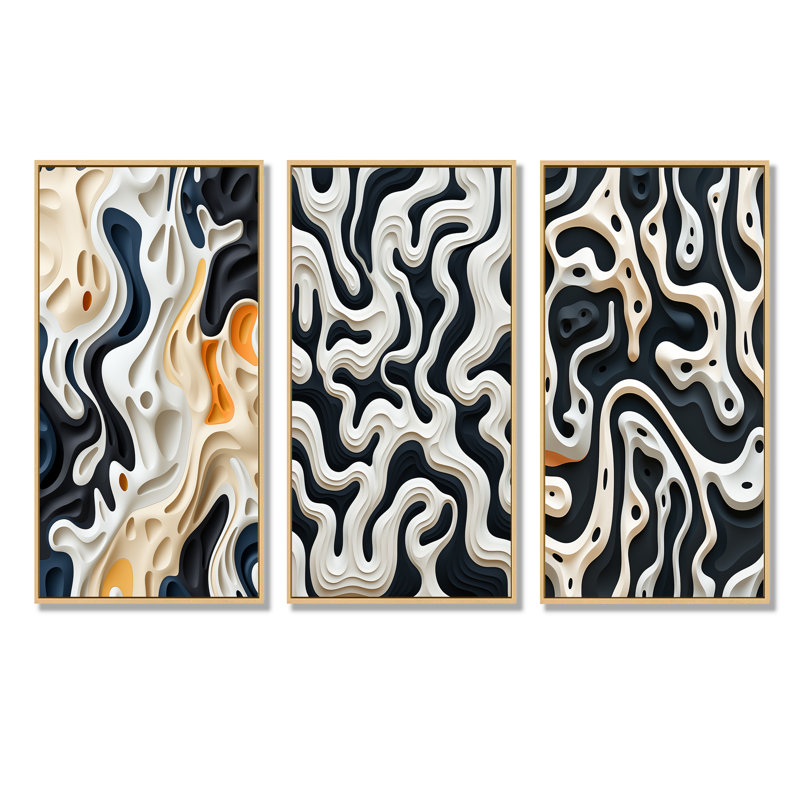 Black White Labyrinth Pattern, Brown Floater Framed, 40" H x 60" W