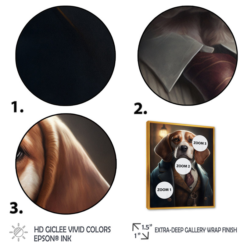 Mafia Beagle II - impression sur toile, Toile avec cadre flottant or, H 20 po x l 12 po x P 1 po