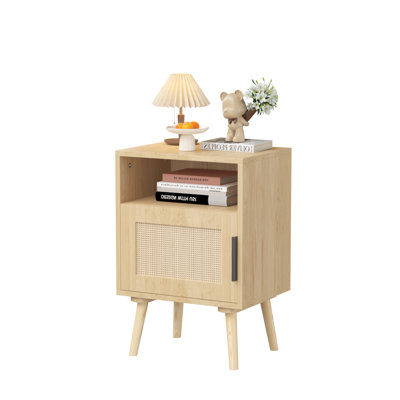 Wood Rattan Nightstand 22.83" H, Side Table With Door & Shelf, Oak